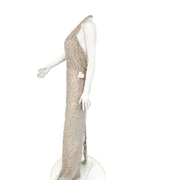 MAC DUGGAL SEQUIN CRYSTAL FRINGED HALTER STRAP GOWN NUDE SILVER SZ‎ 0 5678 RARE - Picture 6 of 10